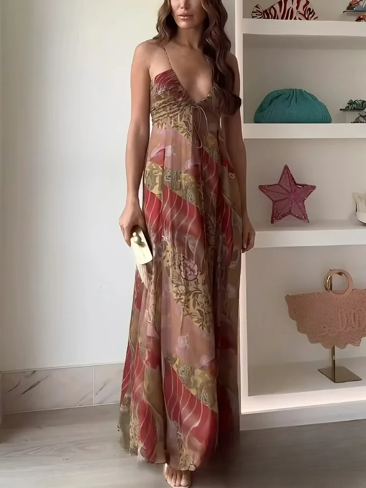 KONDALA Abito da donna sexy con stampa floreale Abito lungo con volant con scollo a V profondo Nuova moda Estate 2025 Abito da vacanza Boho Beach