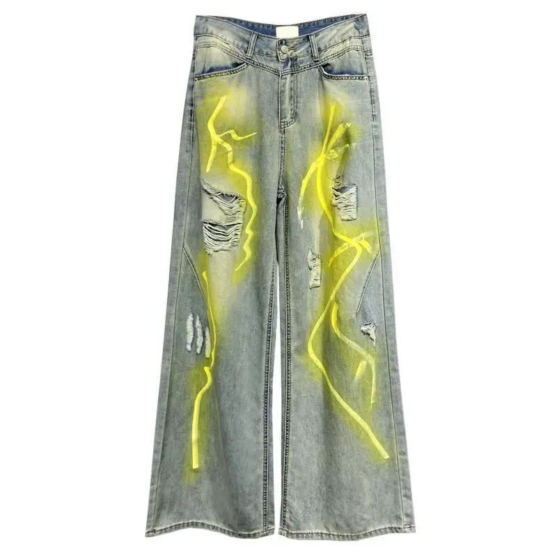 

Broken holes painted design casual jeans female 2024 summer new high waisted loose frayed versatile straight wide-leg pants