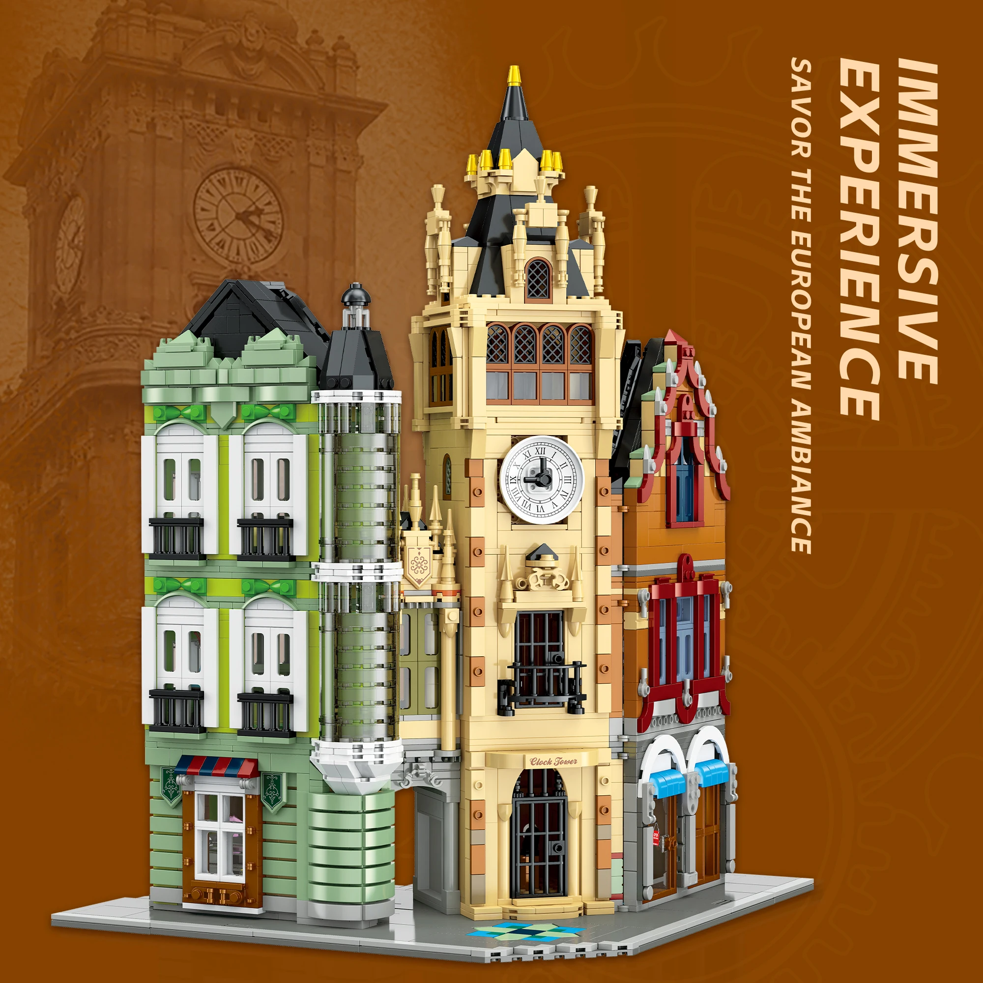 

European Street Scene Clock Tower Square Building Blocks Retro Architecture Model Toy Shop Interior Decor Gift For Adults