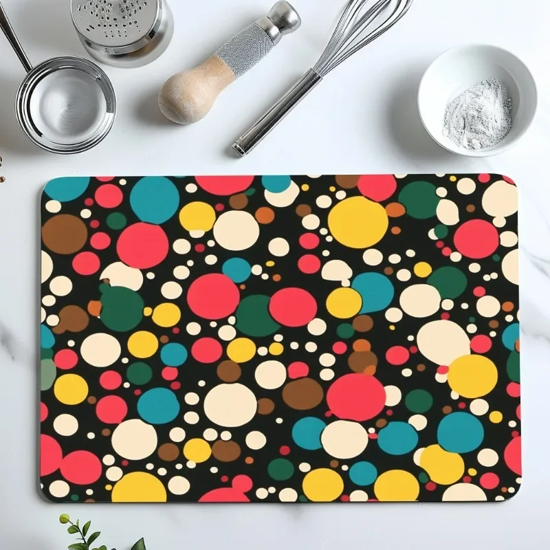 Vibrant Mixed Size Polka Dot Print Drying Mat, Non Slip Heat Resistant Kitchen Pad, Quick Absorbing Countertop Decor Mat