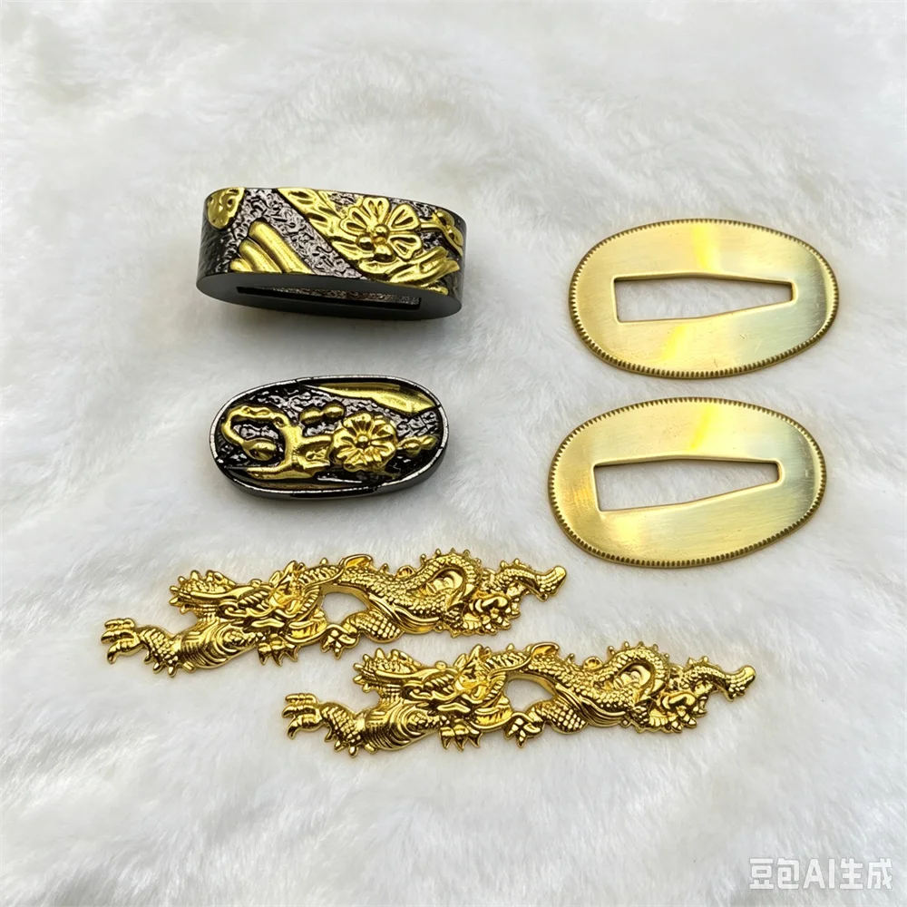 Alloy Golden Dragon Tsuba Menuki+Fuchi+Kashira+Seppa Accessory For Japanese Sword Samurai Katana Set Accessory