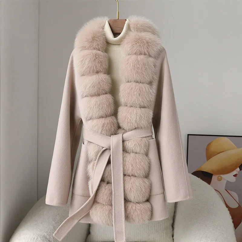 2025 new super long fox fur collar high-end wool wool fur coat temperament cashmere woolen coat mid-length model