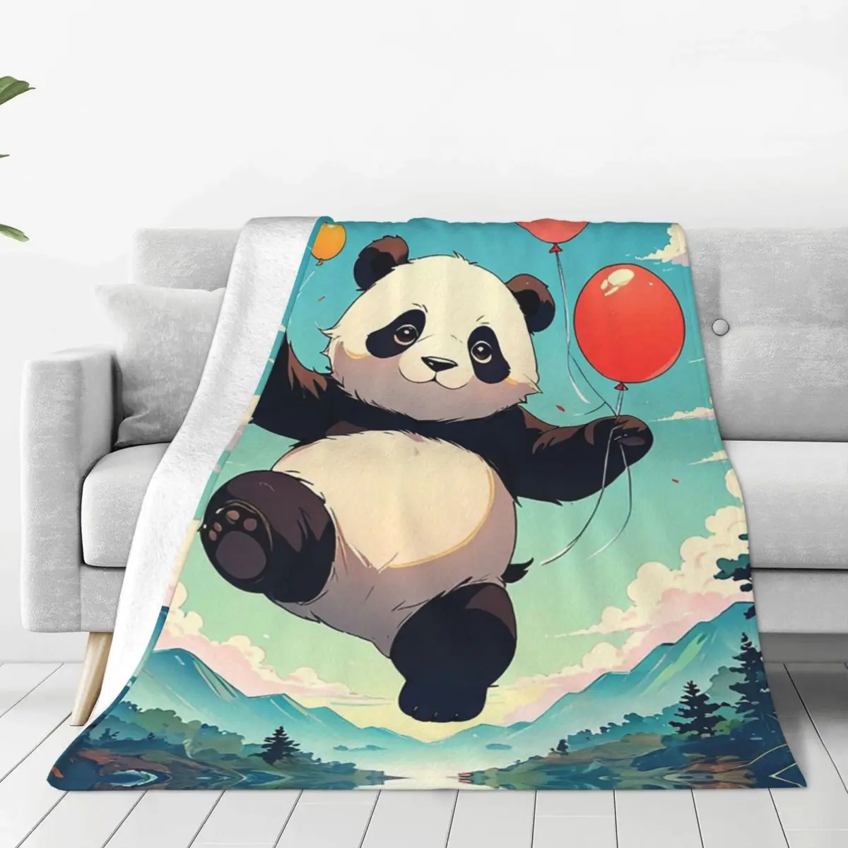 Flying Panda Takes Flight,Balloons And Clouds Blanket Fleece Sofa Throw Blankets For Home Bedroom Travel Throws Bedspread Quilt