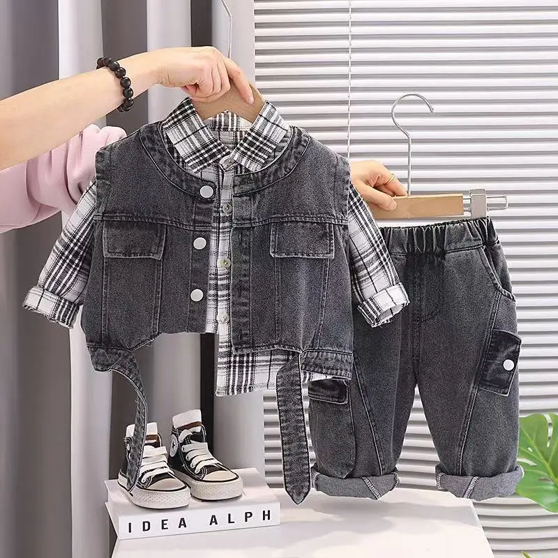 

Baby Boy Spring Autumn Clothes Kids Outfit Set New Children's Fashion Vest+Plaid Shirt+Pants Casual Three Piece Set 80-120cm