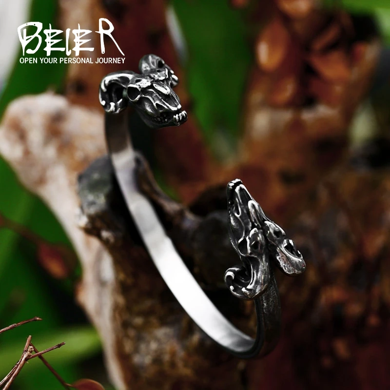 BEIER 2023 New Unique Design  Stainless Steel Skull Goat Bangle Men's Cuff Bracelet Animal Bangle Punk Biker Jewelry Accessories