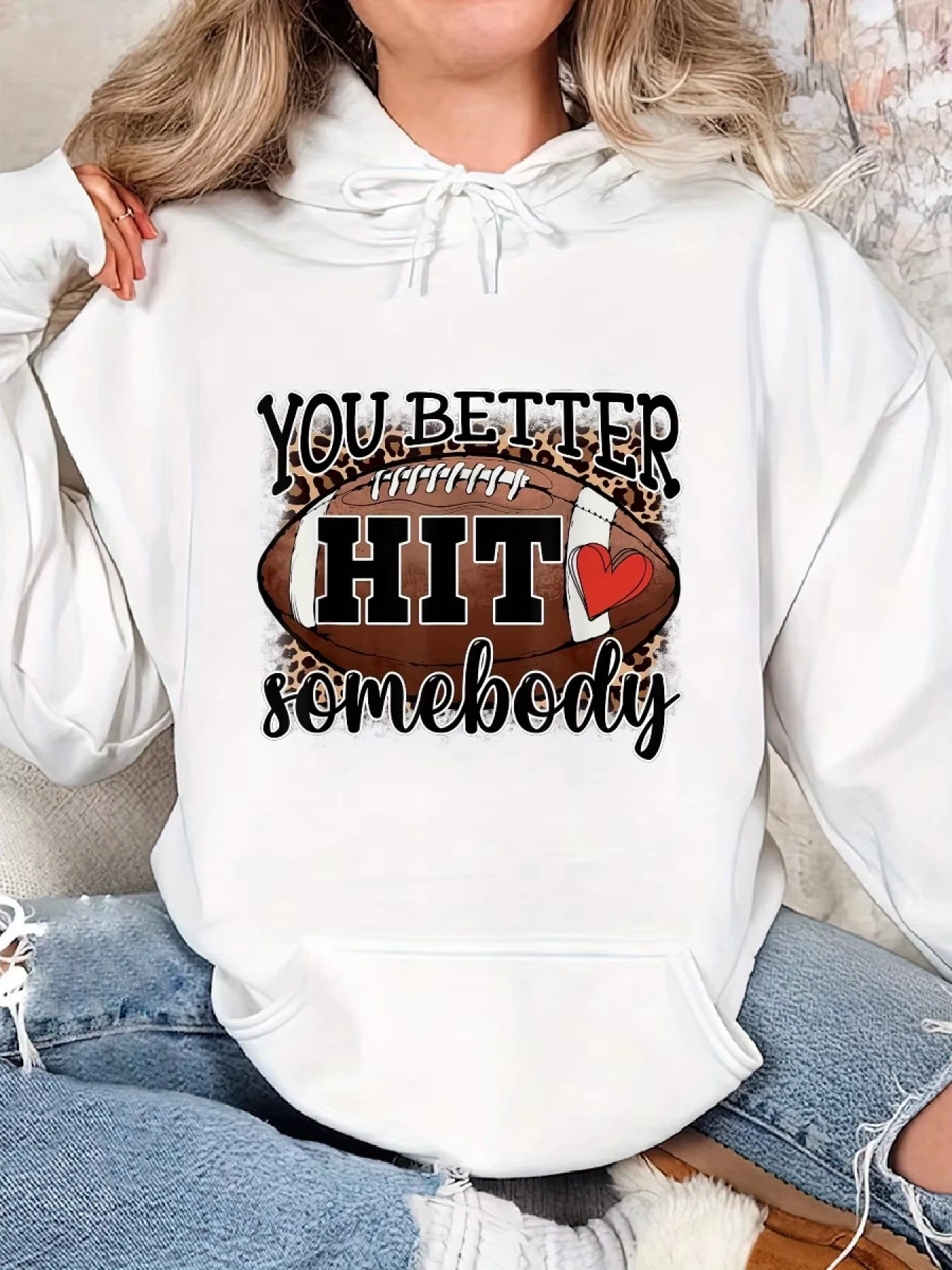 

Ladies Football Hoodie - Pullover, Long Sleeve Casual Sportswear with Match Day Pattern, White Heart and Football Design Hoodie