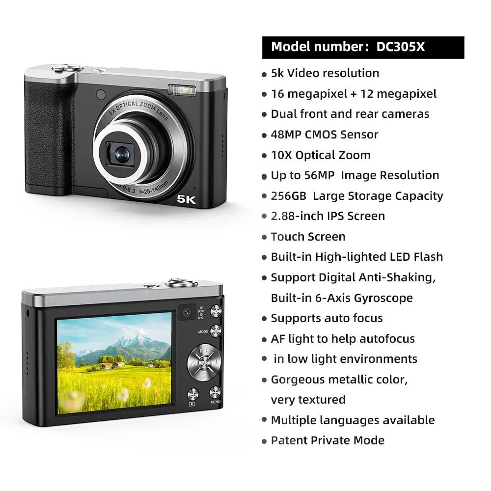 YYHC-High Definition 5K 56MP 48MP 10X 5X Optical Zoom Digital Camera with 2.8'' IPS Screen and 5k Video