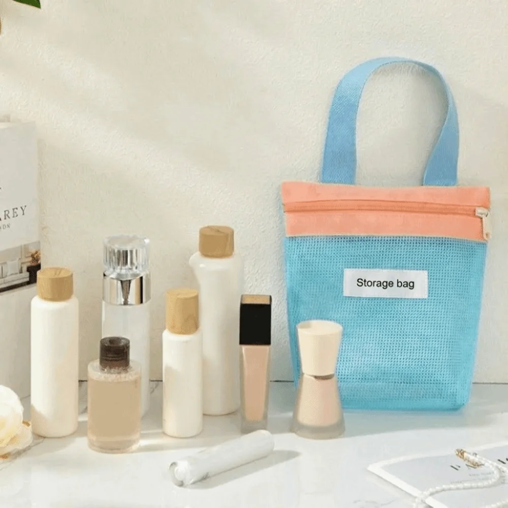 Large Capacity Mesh Makeup Bag Drain Holes Transparent Shower Organizer Macaron Color Breathable Vibrant Bright Color Bag Travel