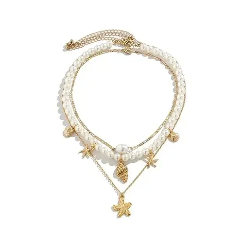 

Classic Layered Pearl Necklace Multilayer Gold Plated Starfish Shell Necklace Beach Golden Beaded Necklace for Women Gifts