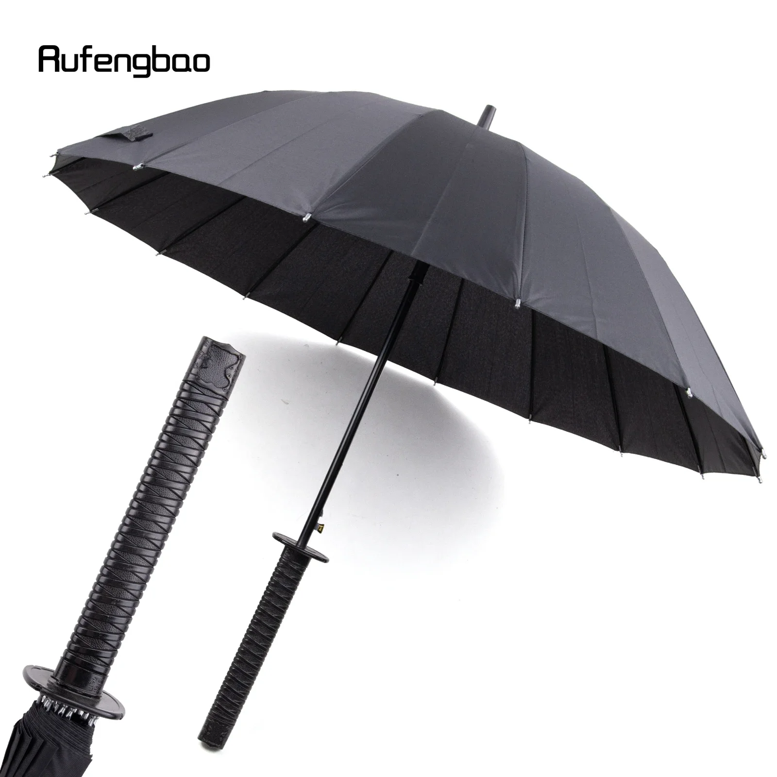 Black Samurai Automatic Windproof Umbrella, Wooden Handle 16 Bones Long Handle Enlarged Umbrella Both Sunny and Rainy Days 90cm