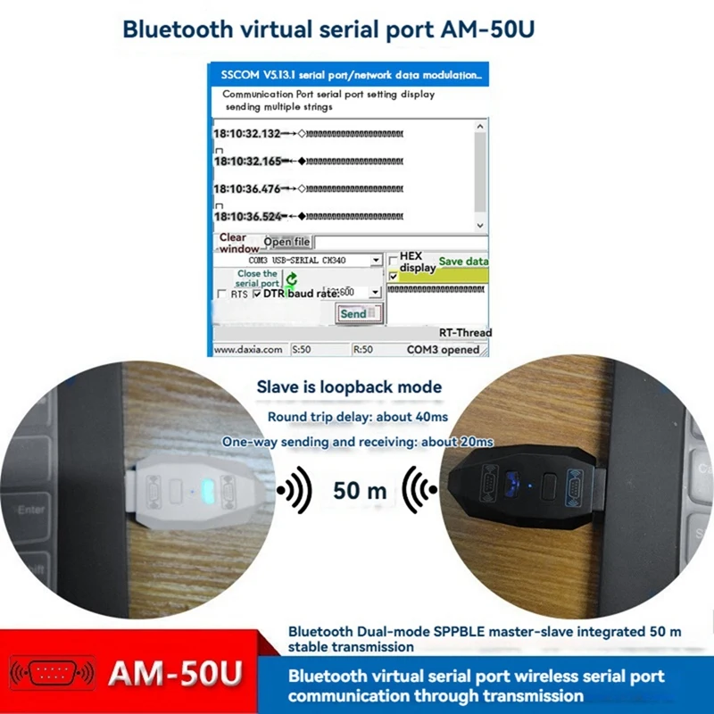 AM-50U بلوتوث محول المنفذ التسلسلي الافتراضي BT V5.0 الوضع المزدوج SPP/BLE ماستر والعبد مسافة 50 متر يدعم جميع الأنظمة أ