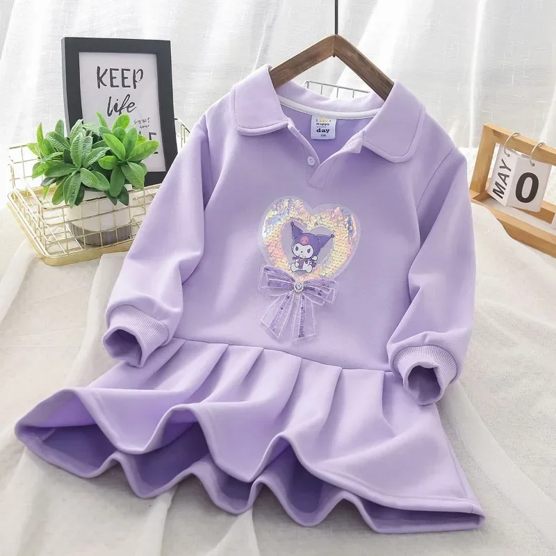 

Girly Heart Kawaii Sanrio Ins Long Sleeve Hooded Cute Cartoon Kuromi Spring Autumn Shirt Pleated Dress Fashion Gifts for Kids