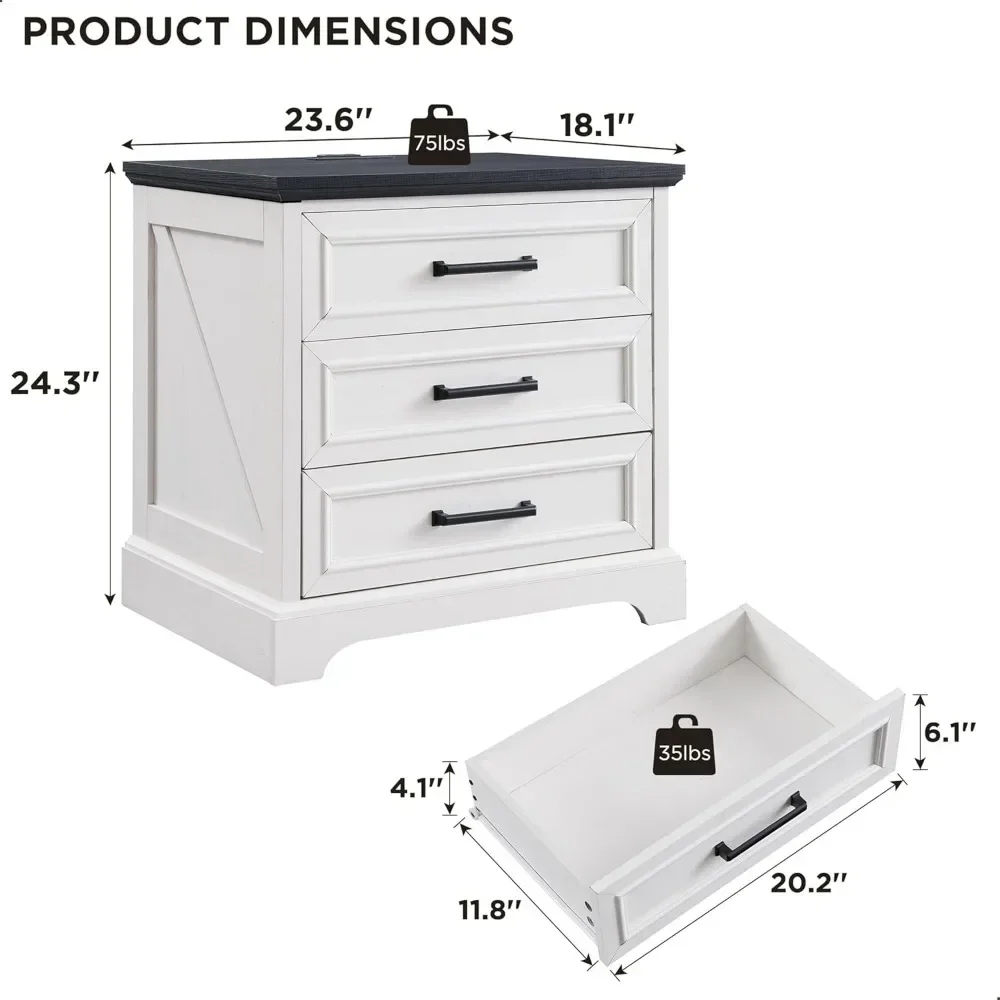 Nightstand with Charging Station 24 Inch Wide End Table with 3 Drawers & Bar Handles Farmhouse Nightstand