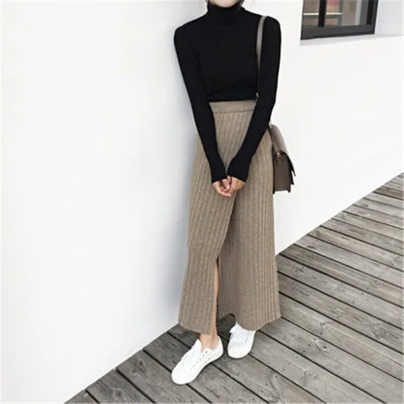 

Fashion Side Fork Sexy High Waist Pencil Rib Knit Long Skirt Woolen Skirt Korean Fashion Clothing 2023 Winter Fashion New Retro