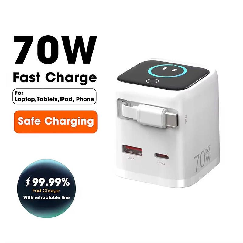 ai搭載のパワフルなtftデジタル表示画面を備えた、3-in-1の70w-pd-gan急速充電器。iphone、ipad、ノートパソコンに対応した、フラッシュ充電機能付きの急速充電ステーション。