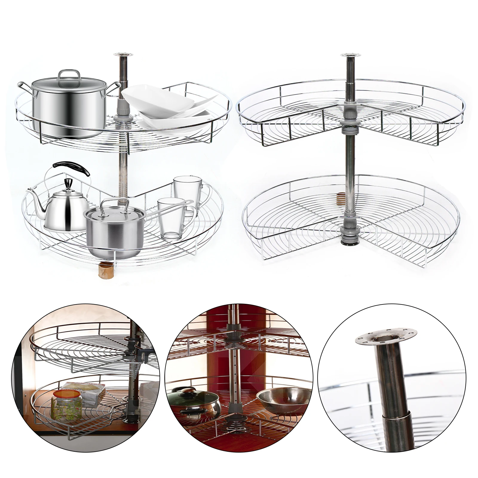 270° Rotatable Cabinet Storage Trays Basket Kitchen Organize Cabinet Carousel Height Adjustable 62.50*16.50*62.00cm