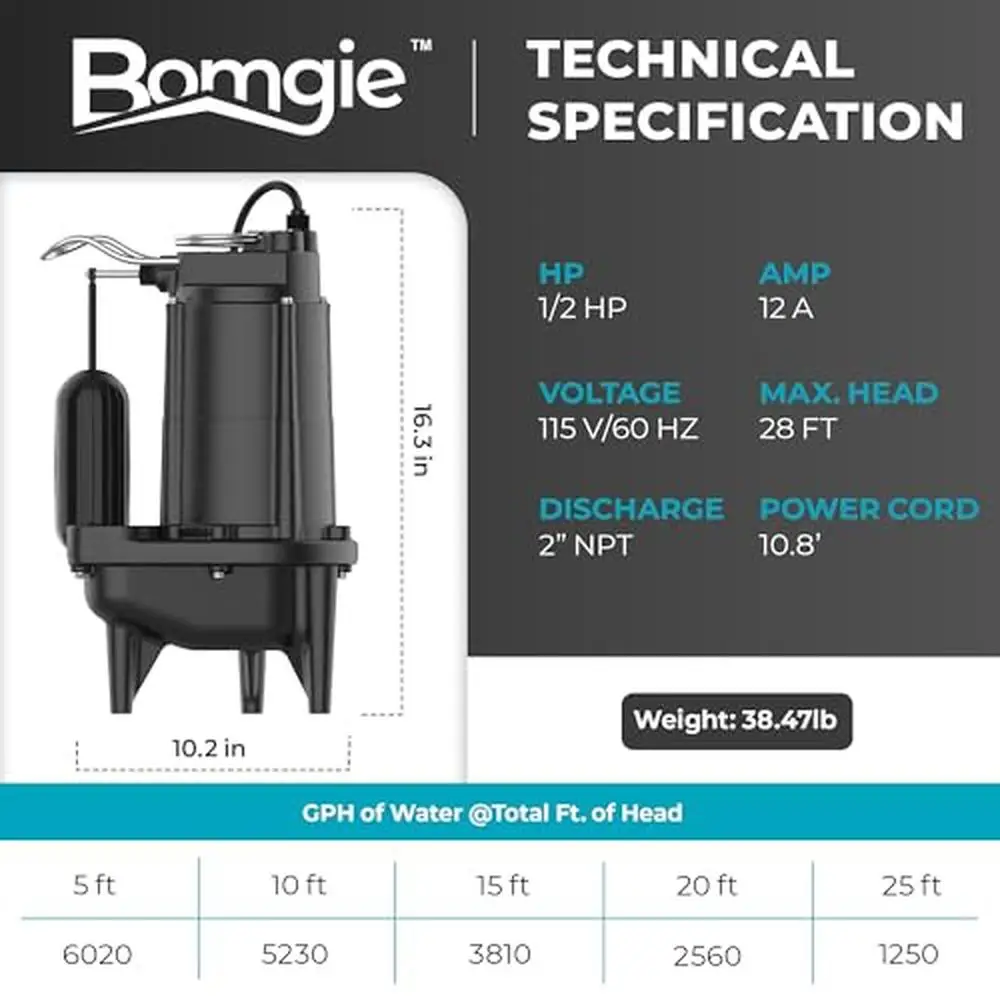 مضخة مياه الصرف الصحي الغاطسة 1/2 HP 6020 GPH عالية الكفاءة محرك الطابق السفلي الصرف التلقائي القاذف مضخة IP68 مقاوم للماء UL