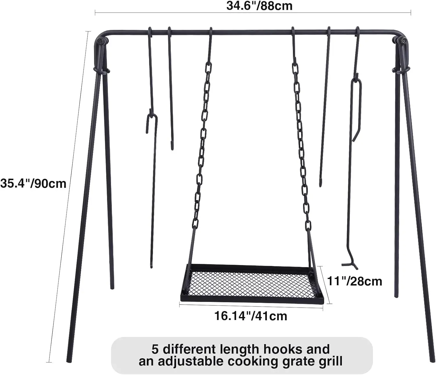 Collapsible Campfire Cooking Rack with 6 Hooks and Iron Grill Grate – Portable Rectangle Swing Grill Stand, Dutch Oven Hanger for Outdoor Camping, Bonfire and Cookware