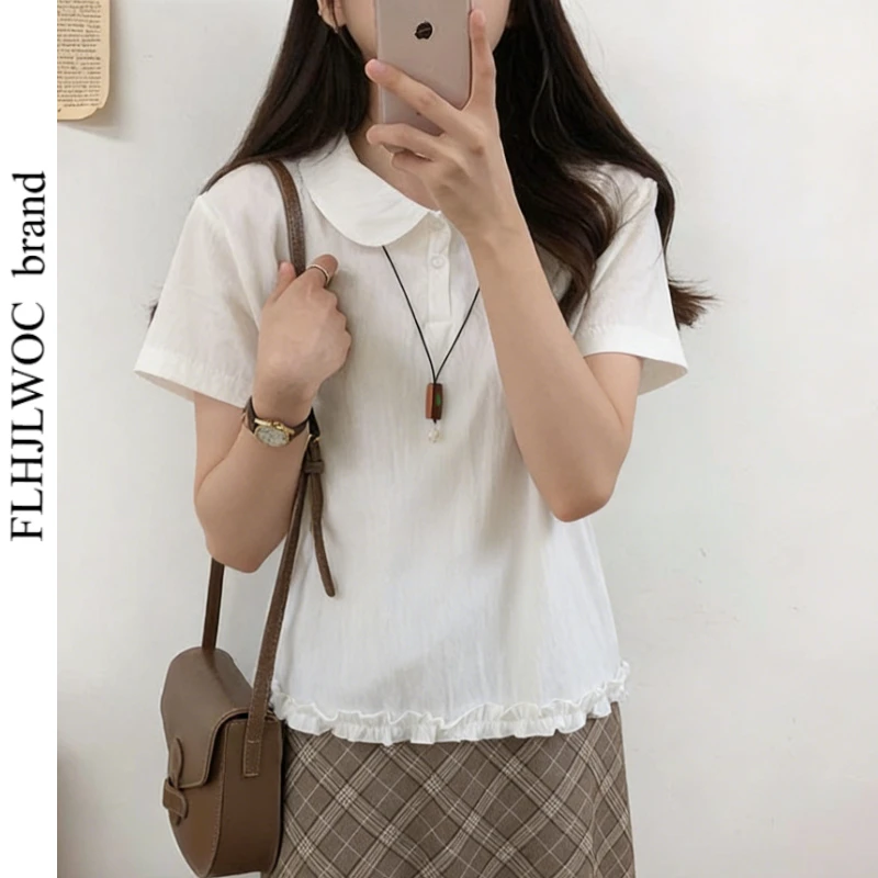 

FLHJLWOC Lolita Style Short Cute Tops Blouses Sweet Girls Summer Casual Retro Vintage Peter Pan Collar Top Solid White Shirts