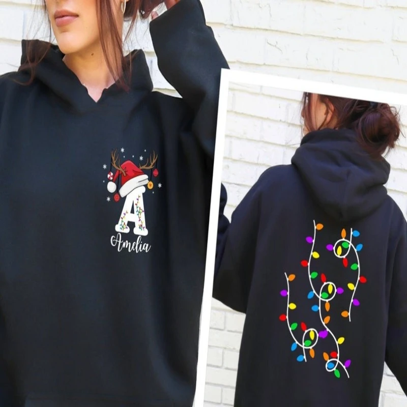 

Толстовка с монограммой спереди и сзади на заказ для семьи, индивидуальная рождественская толстовка с капюшоном, новогодний рождественский подарок, толстовка