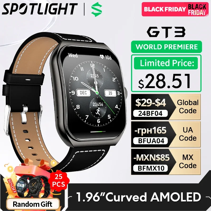 [World Premiere]Global Version BLACKSHARK GT3 Smart Watch 1.96'' Curved Amoled Display Support Bluetooth Call 100+ Sport Modes