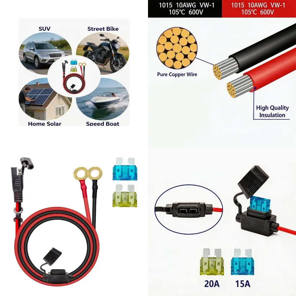   Strong 2 Feet SAE Connection to O Rings Battery Chargers Cable With High Current for Automotive Marine Application