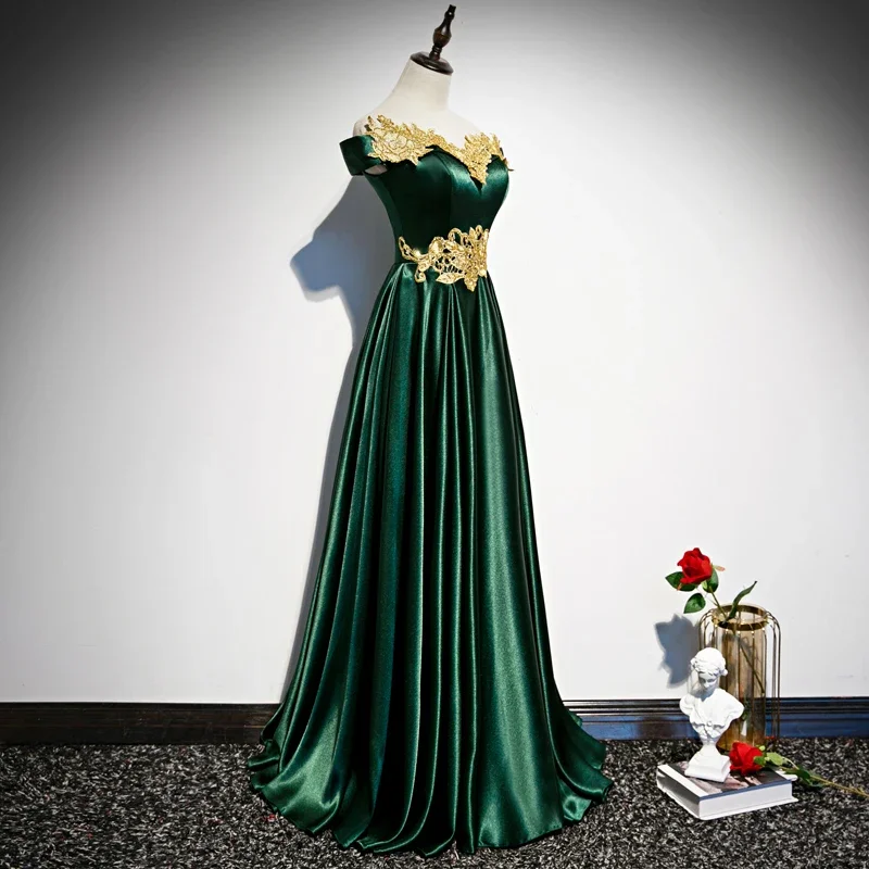 Evening Dress Green Satin Appliques A-line Floor-length Off the Shoulder  Short Sleeves Plus size Party Formal Gowns Woman R1487