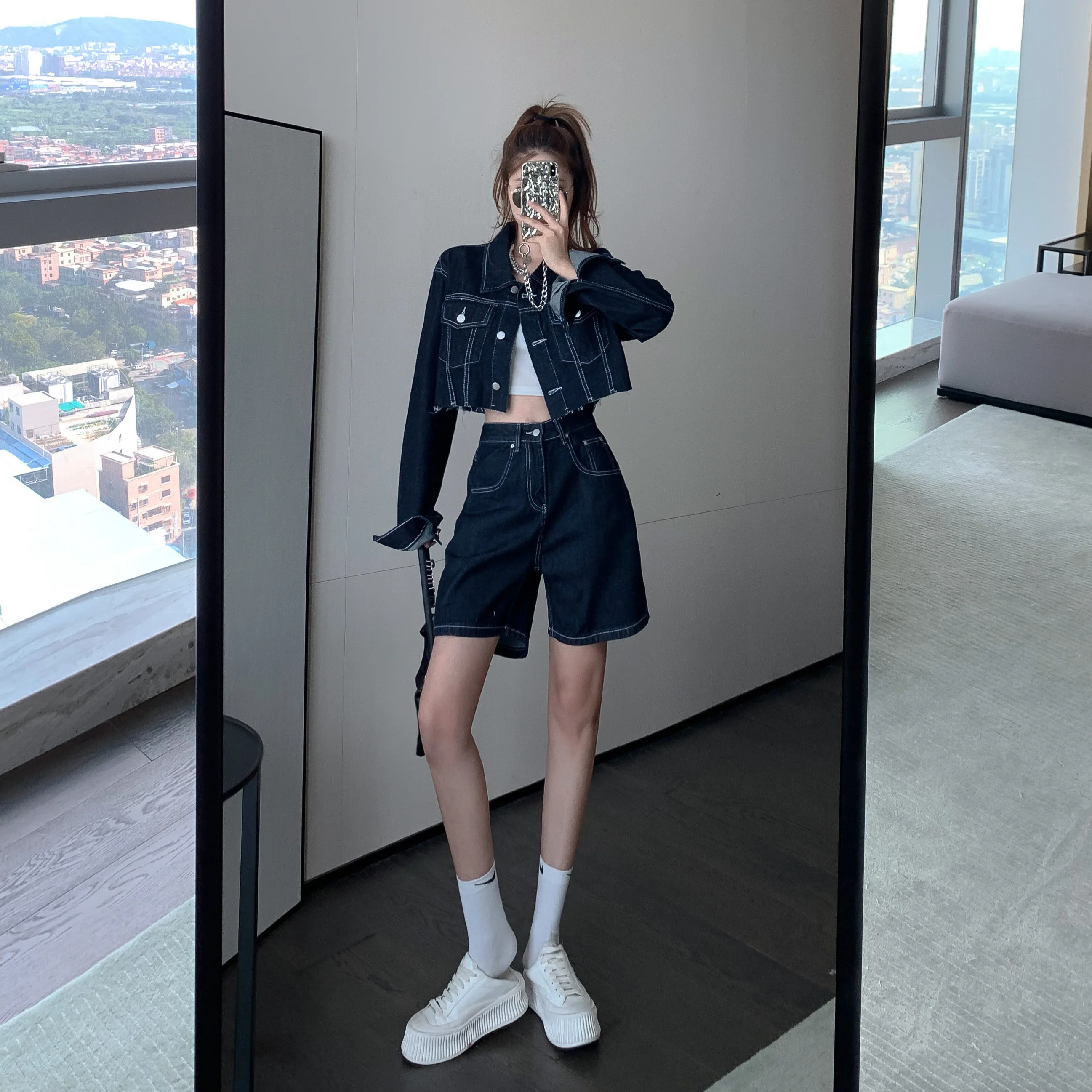 Fashion Hot Girl Two Piece Suits Women 2023 Autumn New Cropped Denim Jacket Female Thin Tops and Pants Sets Woman