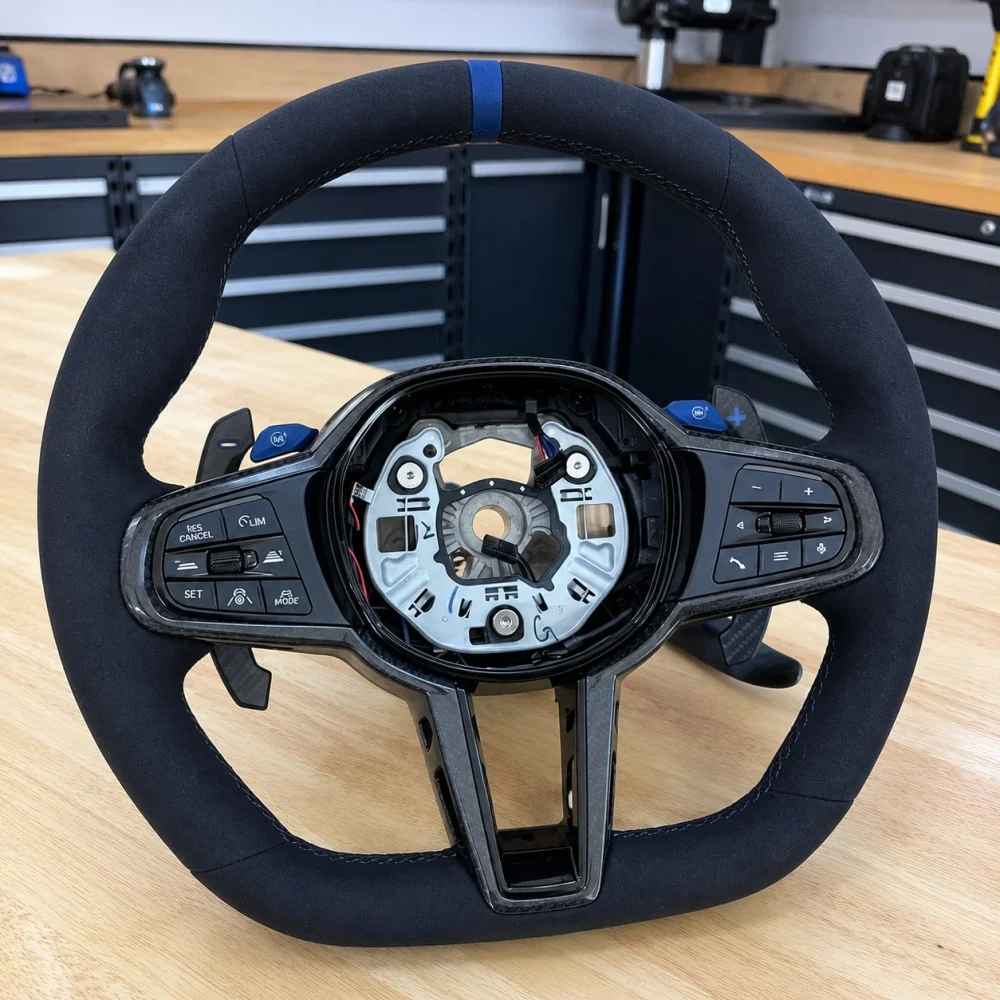 Custom Suede Car Steering Wheel Sport Upgrade With Blue Center Stripe For BMW G82 G42 G21 G80 G07 G30 G87 F90 F80 F86