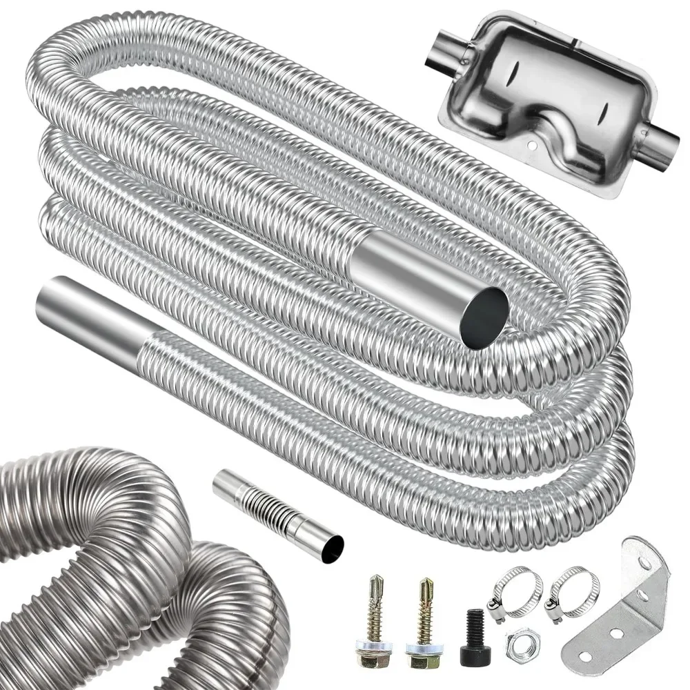 Tuyau d'échappement en acier inoxydable 2M pour chauffage de stationnement de voiture avec silencieux, adaptateur et colliers de serrage, tuyau de système d'échappement résistant aux hautes températures pour moteur diesel, générateur, installation de chauffage d'air auxiliaire