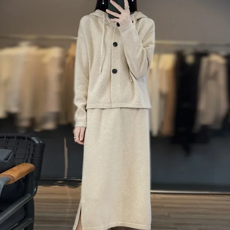 

New 100% Australian Wool Women's Set Long Sleeve Knitted Cardigan Women's Hooded Sweater Loose Fit Long Half Dress Two Piece Set