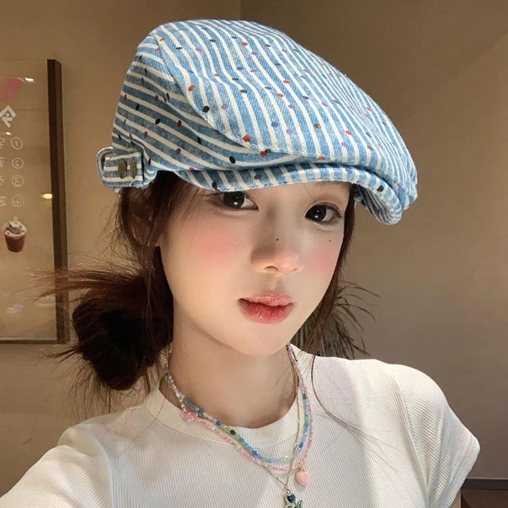 

Cute Korean Polka Dot Beret Vintage Y2k Stripped Berets Versatile Cloth Painter Cap Female