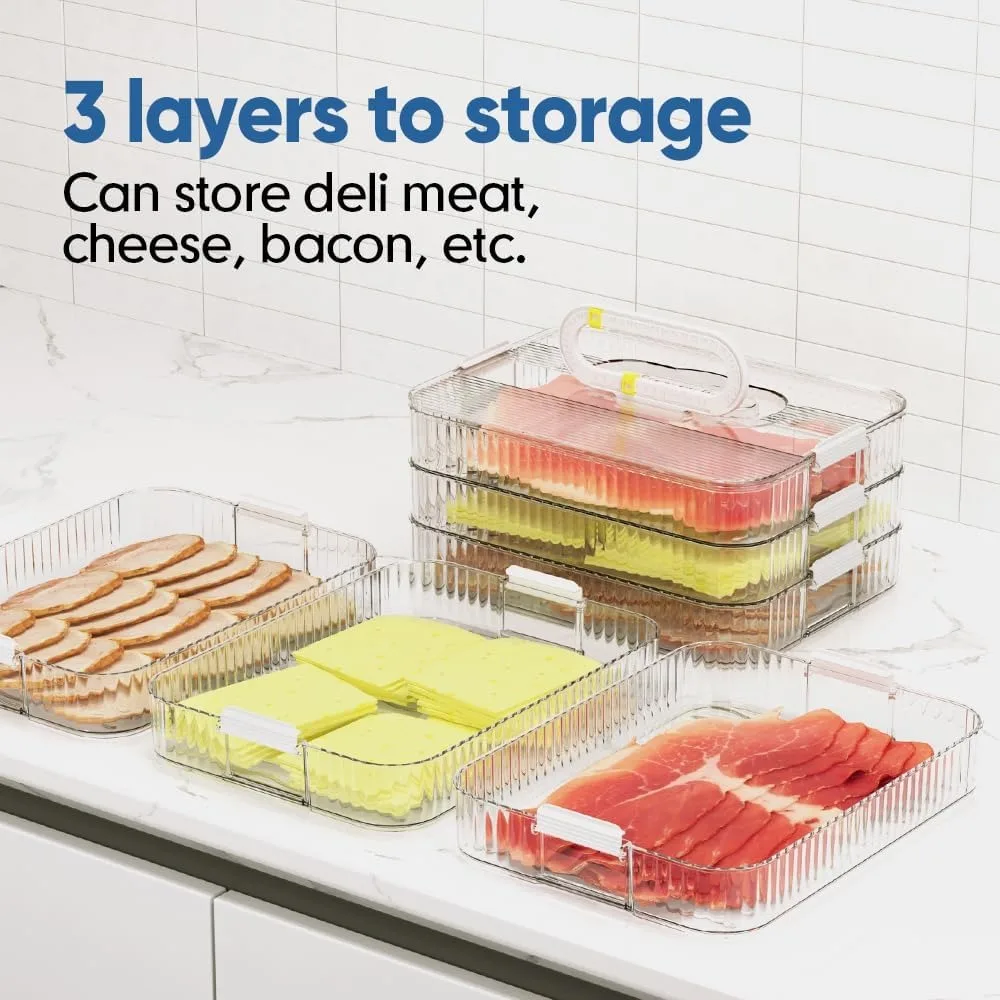 Stackable Deli Meat Container for Fridge Organizers, 3-Layer Lunch Meat Storage with Lid and Tongs, Space-Saving Refrigerator Organizer
