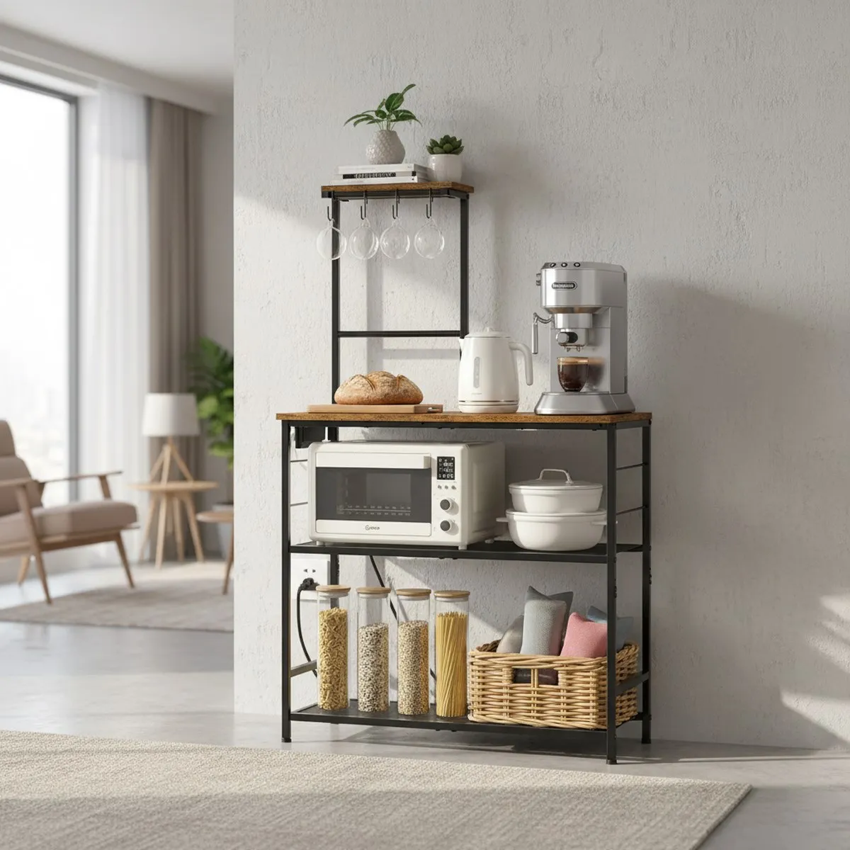Rustic Brown 4 Tier Kitchen Shelf Microwave Stand with Outlet and Hooks