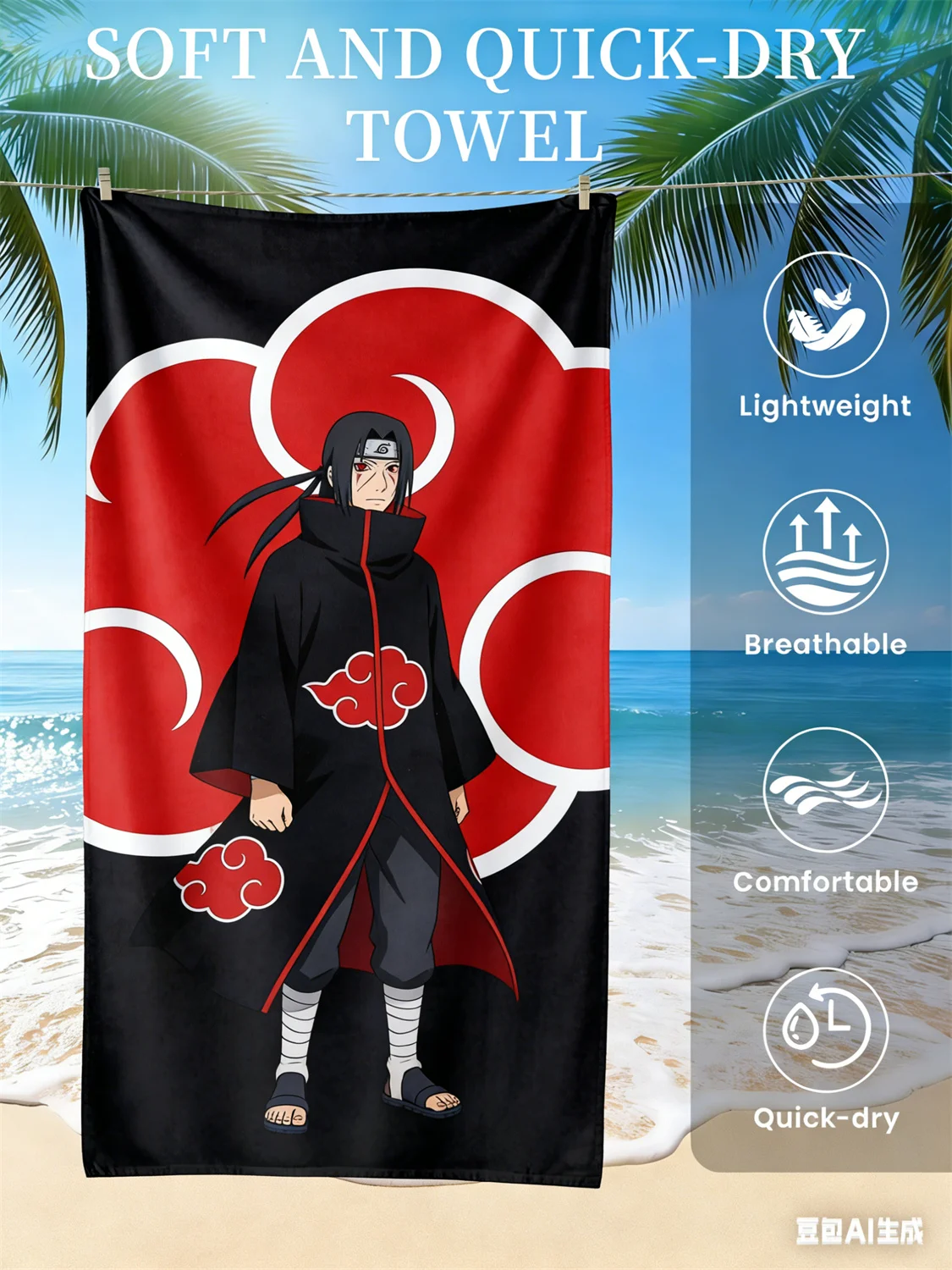 Naruto-Strandtuch, schnell trocknendes Handtuch mit Anime-Fan-Favoriten-Charakter-Aufdruck für Strand, Pool, Urlaub und Anime-Enthusiasten