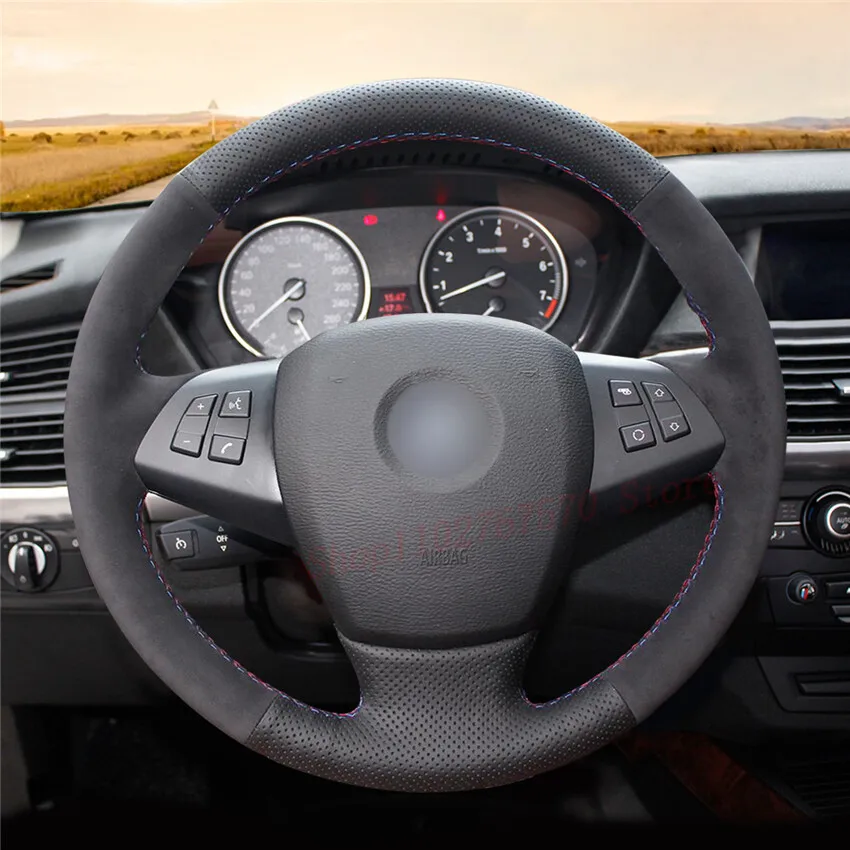 DIY Hand-Sewn Black Leather Suede Car Sewing Steering Wheel Cover for BMW X5 E70 Anti-Slip Car Interior Accessory