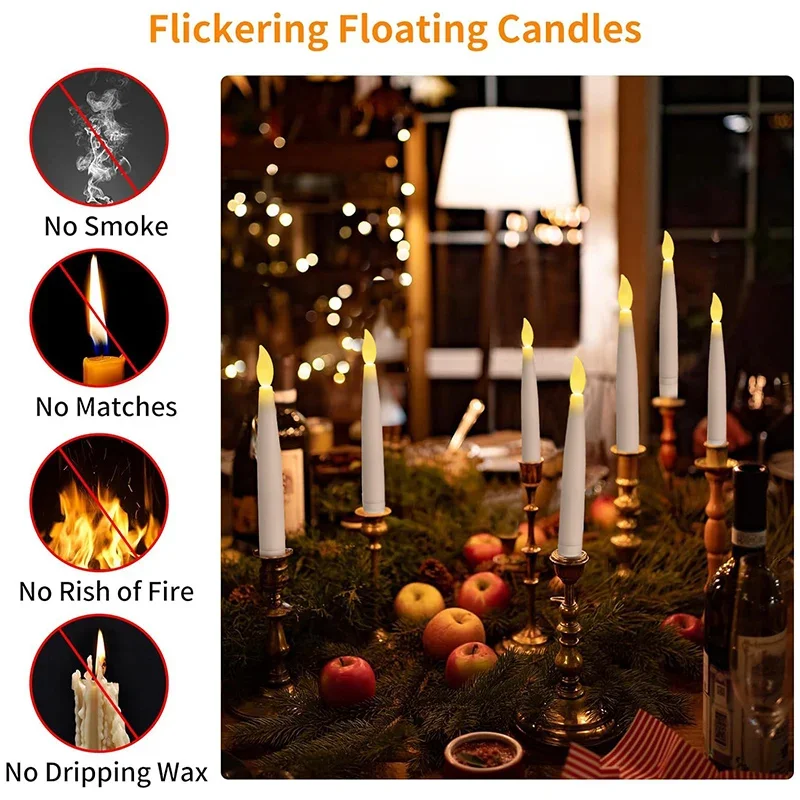 8-12Pcs Floating Candles Magic Wand Remote Flickering Warm Light LED Flameless Taper Battery Operated Candle Halloween Party