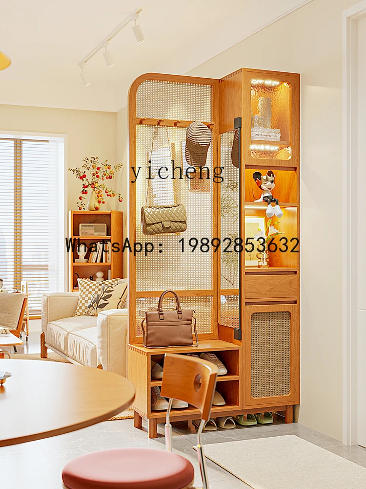T16-solid wood shoe cabinet entrance integrated living room partition cabinet full mirror rattan screen cabinet