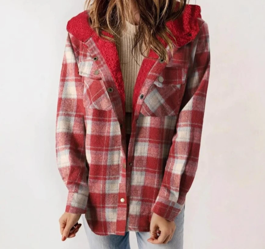 سترة نسائية لخريف وشتاء 2025 ذات مربعات وأكمام طويلة وغطاء للرأس مع جيوب #6