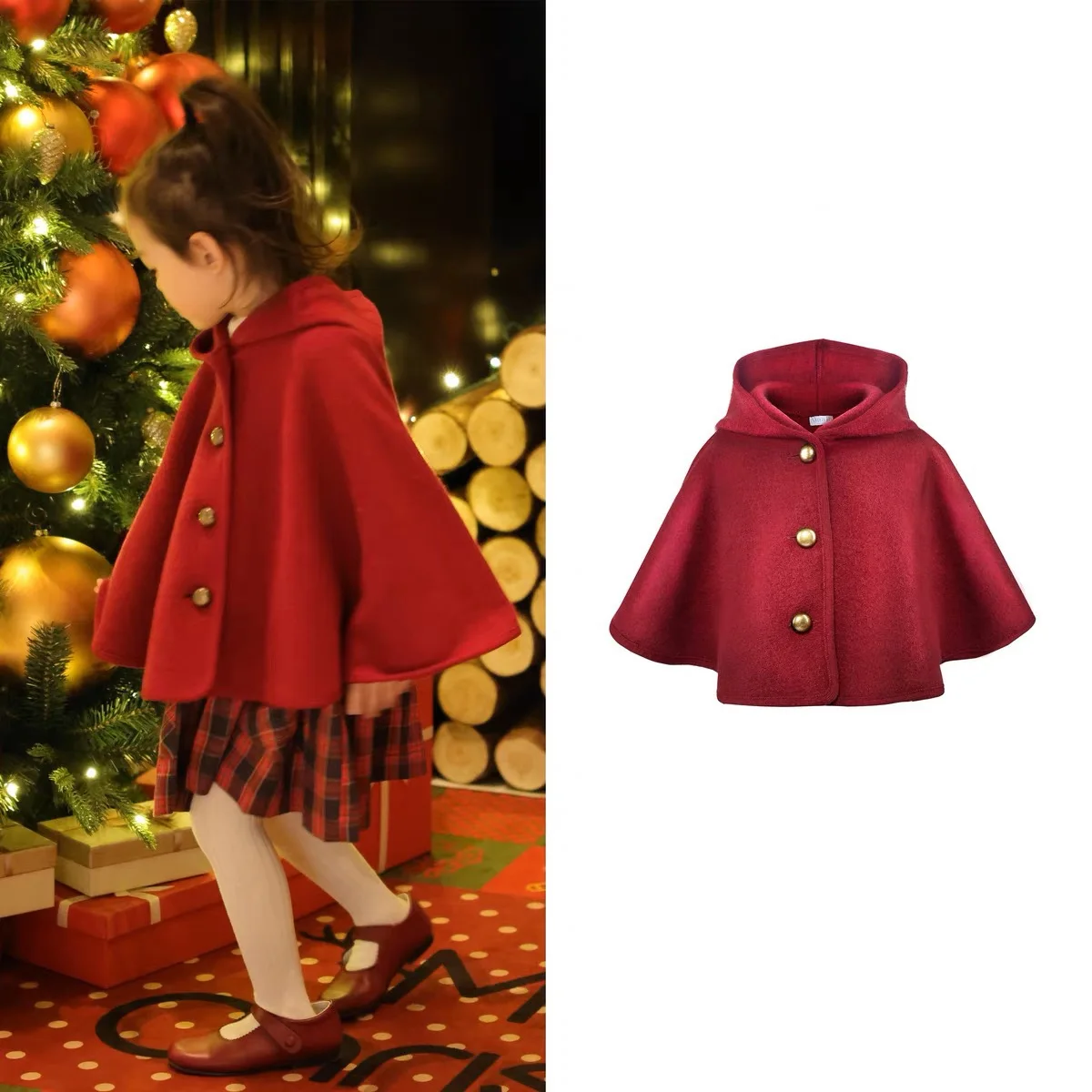 European American Influencer Style Girls Red Cape Full Wool Hooded Poncho Shawl Kids Christmas New Year Outfit INS Viral 2026