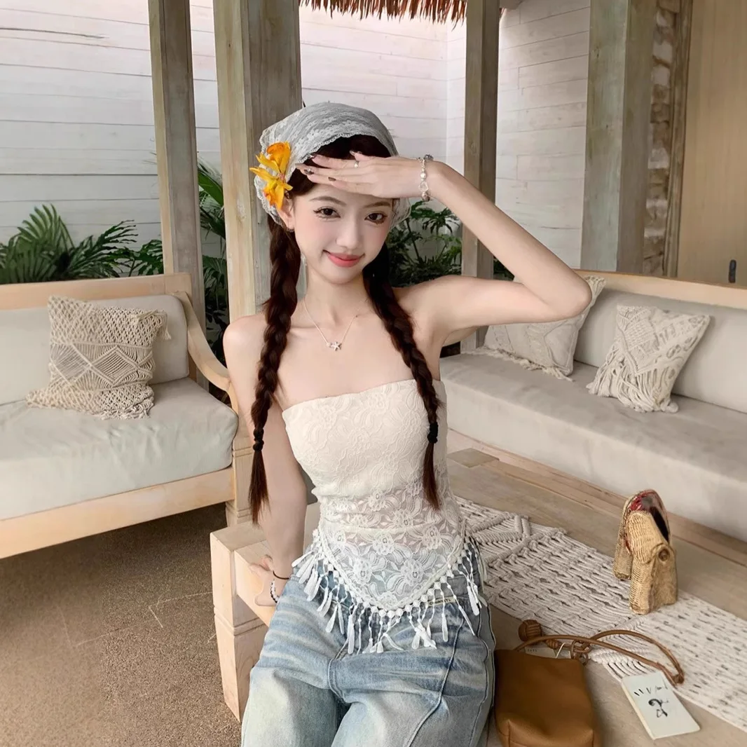 Pure Desire Sexy Lace Fringed Vest Women's Summer Sleeveless Waist-Cinching Outerwear Inner Match Top Nylon  Color