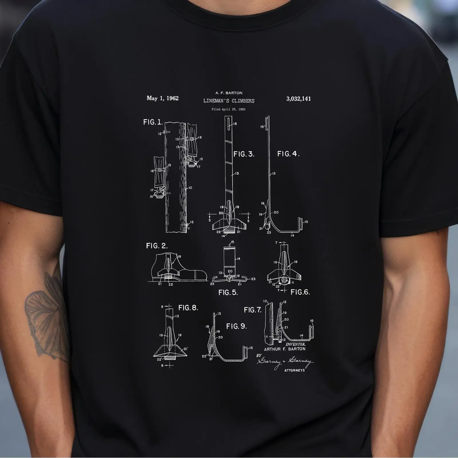 Camiseta vintage con diseño de patente estadounidense de 1962 para trabajadores de líneas eléctricas, técnicos utilitarios y foreman, con gráfico cómodo y lavado de estilo vintage.