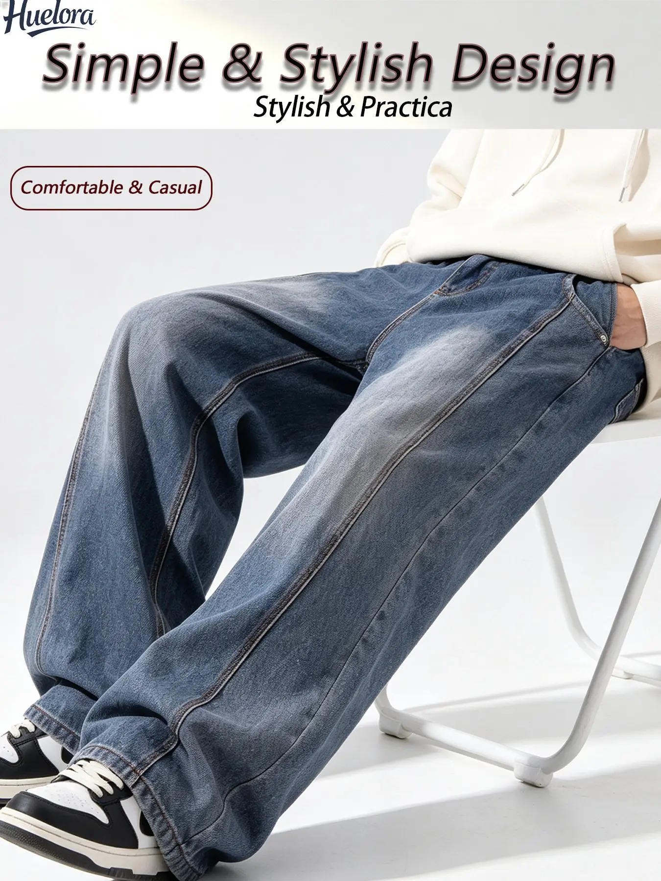 Men Vintage Barrel‑Fit Casual Jeans, Stitching Decor Wide‑Leg Baggy Denim Pants, Elastic Back Waist, Streetwear Style, Plus Size
