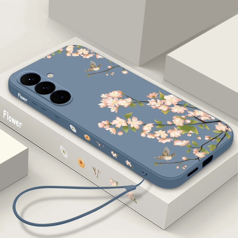 Pink Flowers Pattern Phone Case For Samsung Galaxy A55 A53 A54 A35 A15 A16 S25 S22 S23 S24 Ultra S23 FE Soft Hand Lanyard Cover