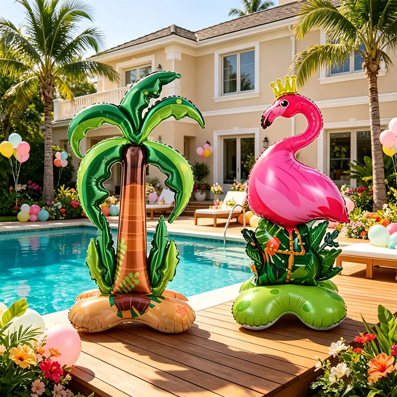 Lot de 2 ballons flamants roses et palmiers pour fêtes hawaïennes, célébrations tropicales, anniversaires, décors de mariage, barbecues en extérieur