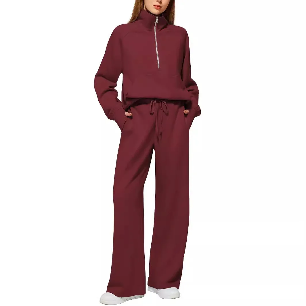 Hoodie Women\'s Two-Piece Set Oversized Half-Zip Sweatshirt Wide Leg Sweatpants Casual Suit Women Sports Two Piece Sets Hoodey