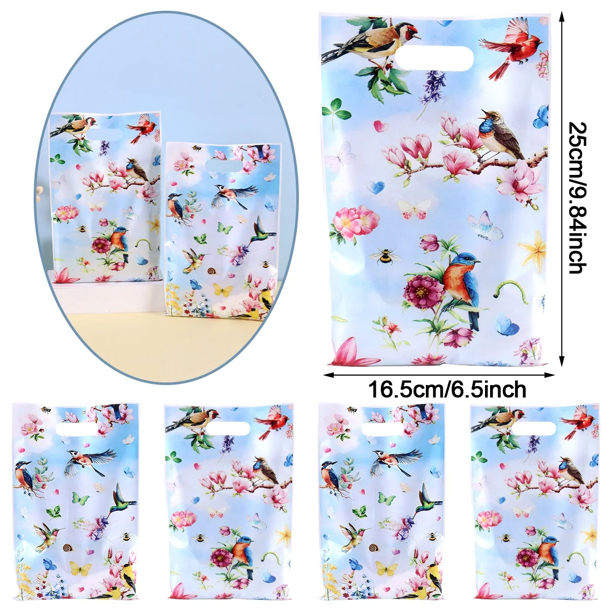 10/20/50 Stück Frühlingsblumen-Vogel-Geschenktüten, Handtasche mit floralem Vogelmuster-Design für Geburtstag, Hochzeit, Party, Verpackungstasche – Detail 7