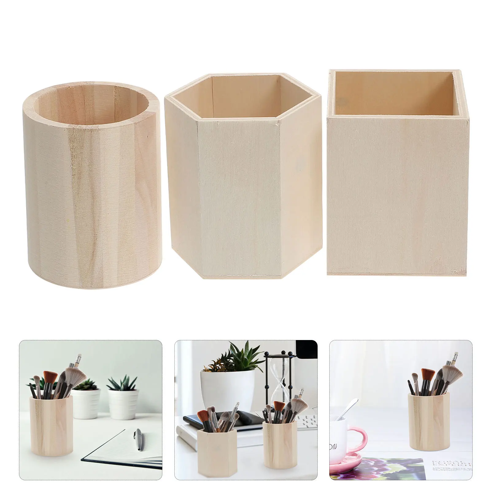 

3Pcs Wood Pen Cup Pencil Holder Desk Organizer Makeup Brush Container Office Supplies Natural Texture Tidy Desktop Decor