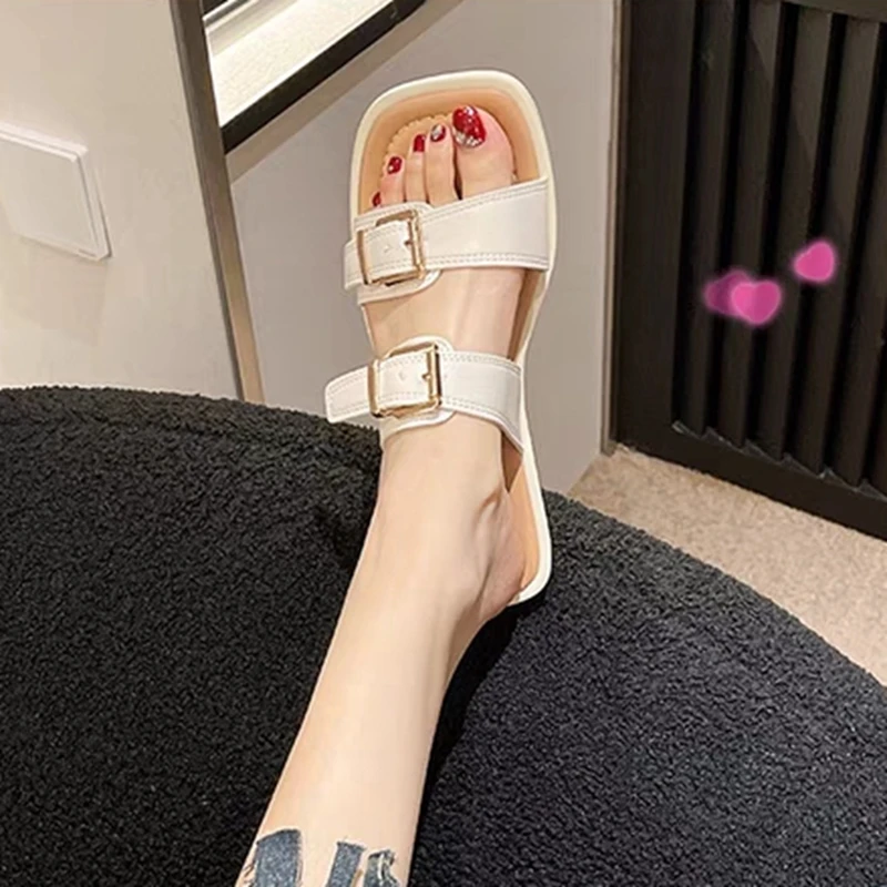 Elegant Women's Sandals Buckle Belt Square Toe Woman Slippers 2023 Summer Chunky Heels Ladies Slides Flip Flops Chaussure Femme