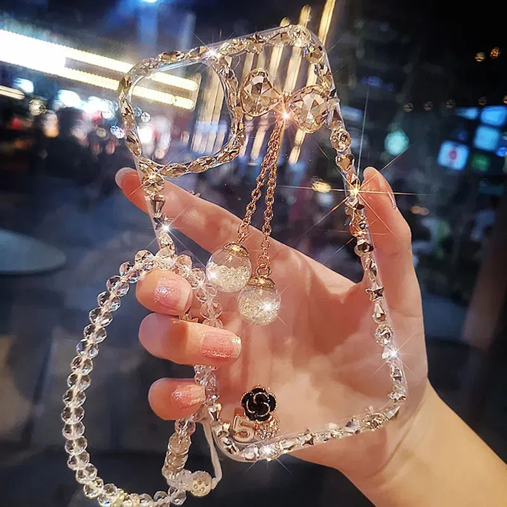 Glitter Christal Pendant Transparent Case For iphone 15 14 13 12 11promax with Hand Chain